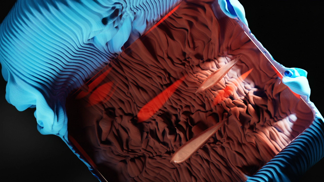 Abstract digital artwork featuring a textured brown surface with wavy ridges, three orange fish-like forms, and a flowing blue border evokes underwater serenity—ideal inspiration for healthier workspace acoustics.