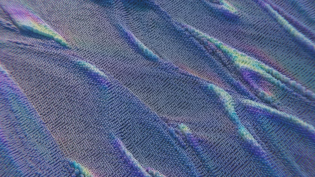 Abstract image of wavy, textured patterns in shades of blue, purple, and teal, resembling digital pixels forming undulating ridges—evoking the look of healthier workspace acoustics with a shimmering, iridescent effect across the surface.