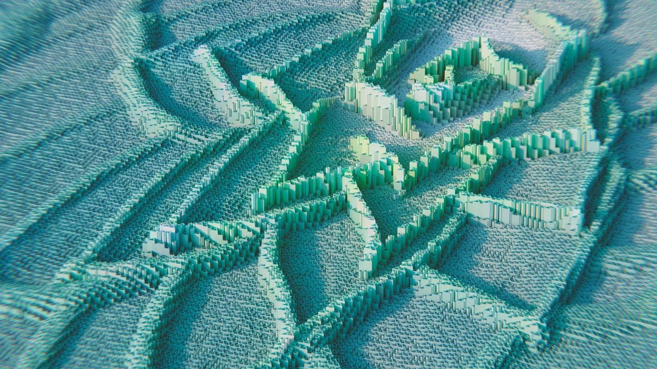 A digital abstract image of turquoise and teal 3D blocks arranged in wavy, geometric patterns, evoking the textured surface of healthier workspace acoustics. Light and shadow add depth to the composition’s raised ridges and valleys.