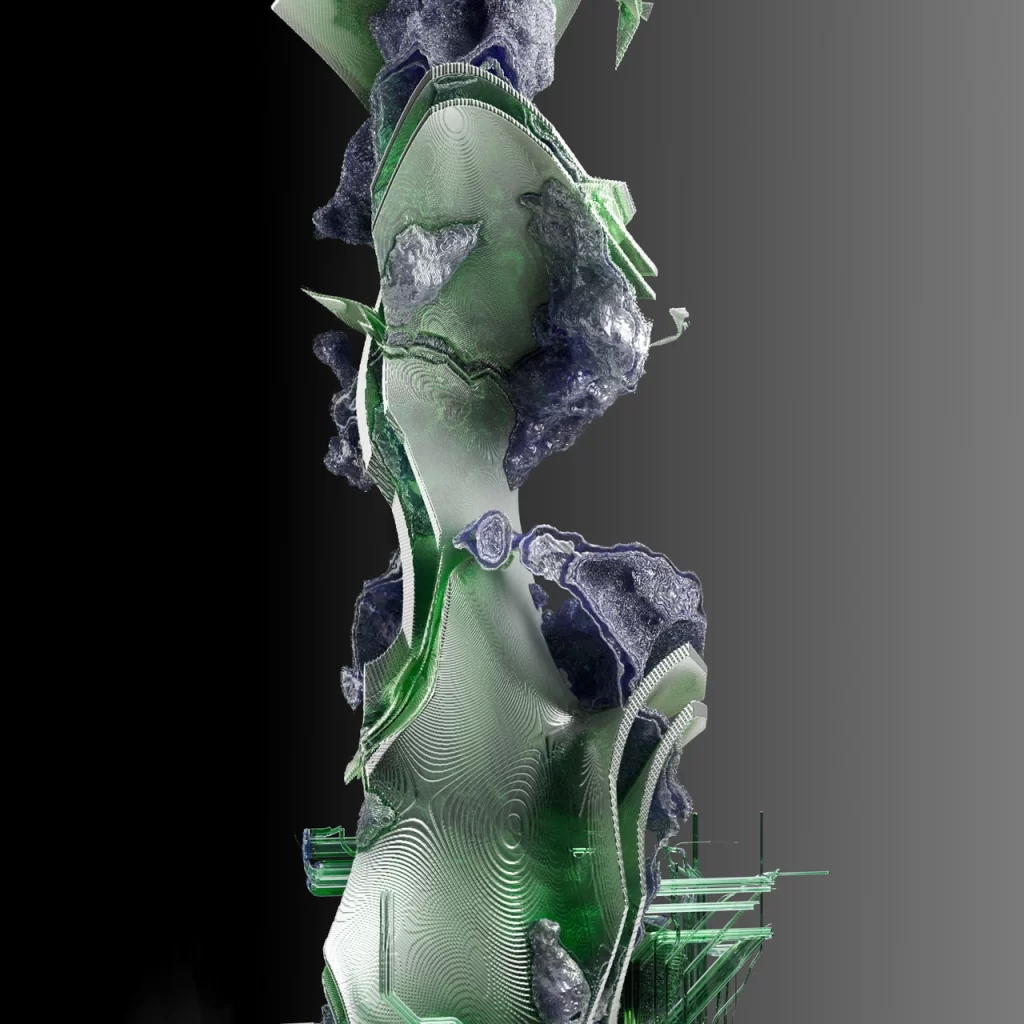 A digital abstract sculpture with wavy, green and gray textured surfaces, layered with rocky formations, set against a gradient black-to-gray background. The organic, futuristic structure evokes healthier workspace acoustics.
