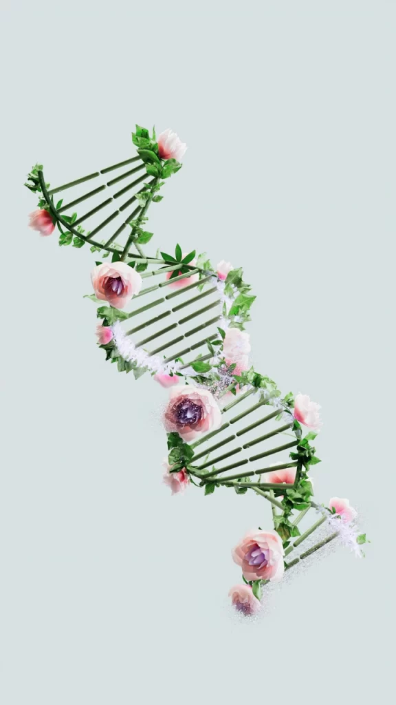 A DNA double helix made of green stems and leaves, with pink flowers forming the rungs, set against a light, plain background—symbolizing the growth of healthier workspace acoustics.