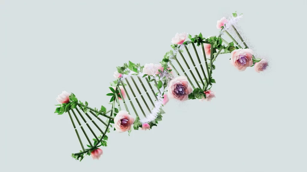 A DNA double helix made of green stems and pink flowers, with leaves and petals forming the structure, symbolizes healthier workspace acoustics, set against a light grey background.