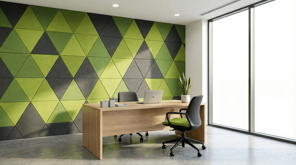 Modern office with wooden desk, two chairs, a laptop, and a plant. The wall features a geometric pattern of green and gray triangles. Large windows let in natural light, while AI for Acoustic Design ensures an optimal sound environment.