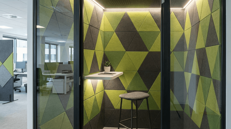 A small office booth with geometric green and gray wall panels optimized by AI for Acoustic Design, featuring a floating shelf with a laptop and potted plant, and a tall gray stool, set within an open-plan office space.
