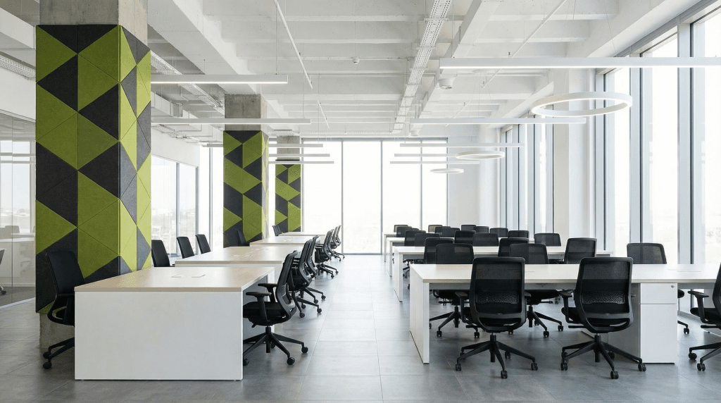 Modern office space with rows of empty desks and black chairs, large floor-to-ceiling windows, and columns decorated with green and black geometric patterns. The clean, spacious area benefits from AI for Acoustic Design, ensuring a well-lit and quiet environment.