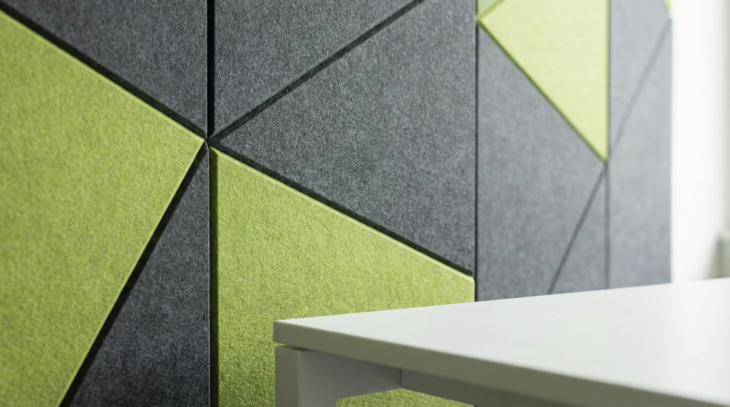 Close-up of a wall with geometric panels in gray and green, forming a modern pattern designed with AI for Acoustic Design. The edge of a white table is visible in the foreground on the right side of the image.