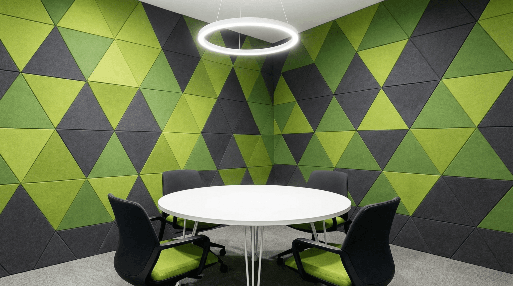 A modern meeting room with a round white table, four black chairs with green seats, and walls covered in green and gray geometric triangle panels designed using AI for Acoustic Design. A circular ceiling light hangs above the table.