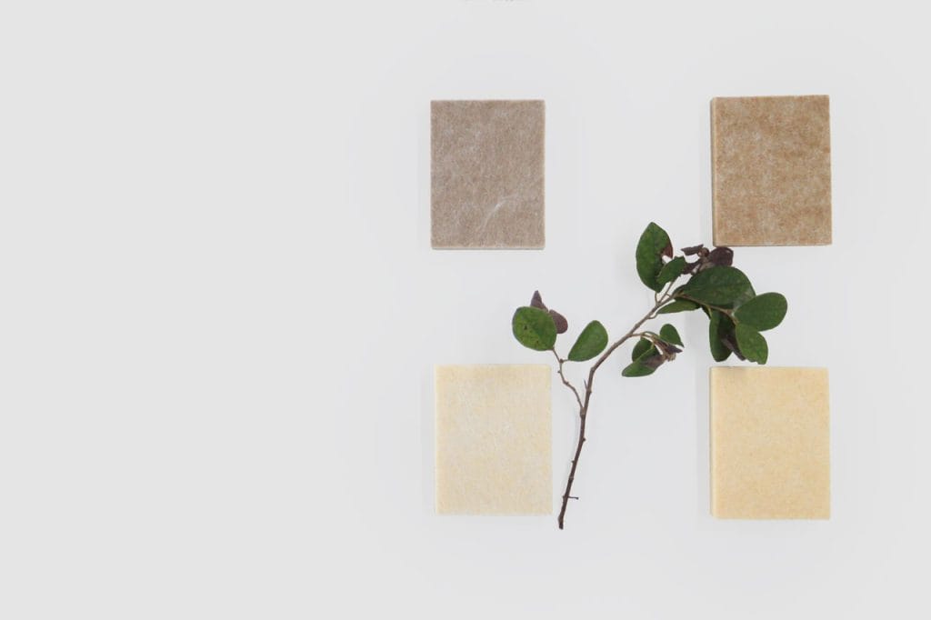 Four square stone tiles in neutral shades are arranged in a grid on a white background, with a sprig of green leaves placed diagonally across the lower two tiles, evoking the natural elegance of FSC Chain of Custody Wall Panels.