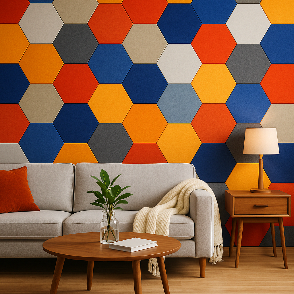 A modern living room with a light gray sofa, orange pillow, wooden coffee table, and side table with a lamp. The wall behind features bright fire-rated polyester panels in a hexagon pattern of orange, blue, yellow, gray, and white.