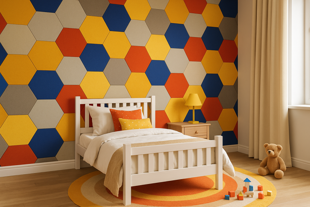 A cozy child's bedroom with a white bed, orange and yellow bedding, fire-rated polyester panels in colorful hexagonal shapes on the wall, a round orange rug, teddy bear, wooden blocks, nightstand, and a yellow lamp by the window with beige curtains.