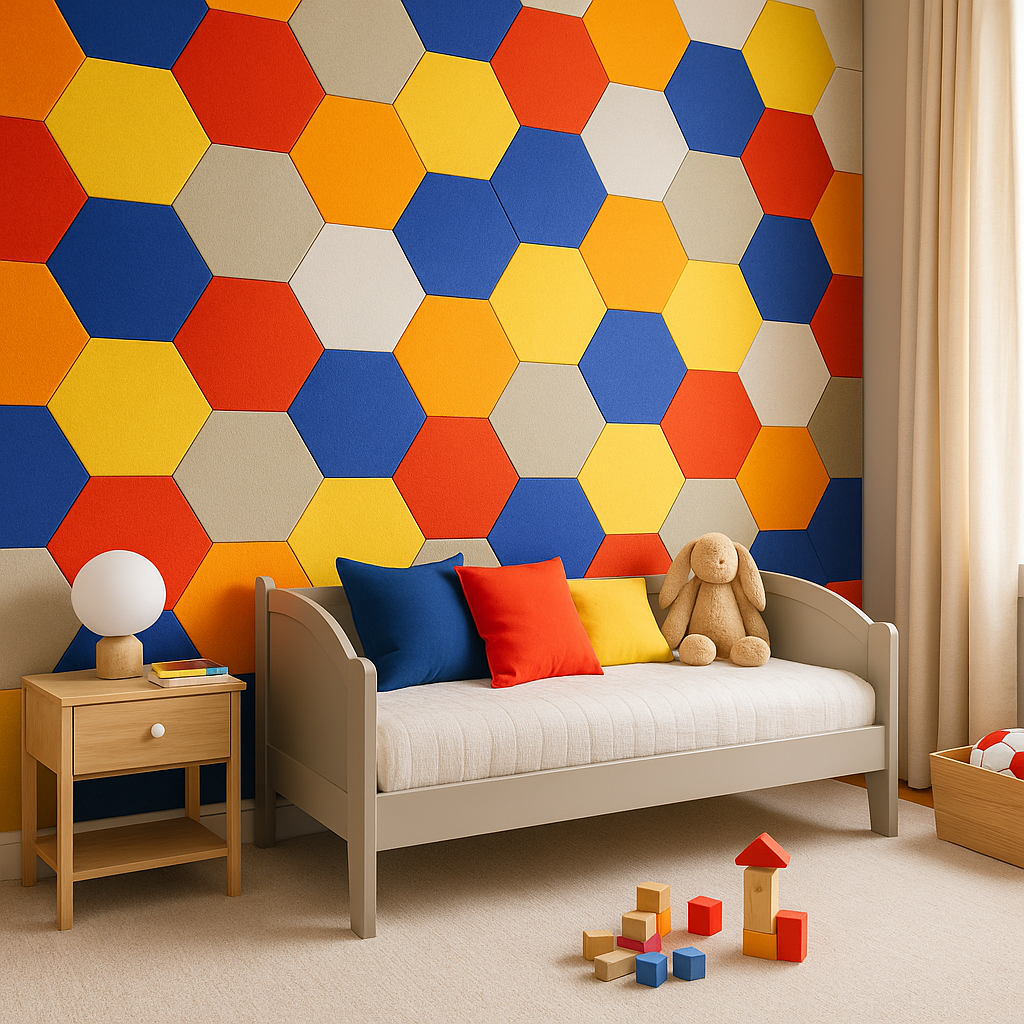 A cozy children's room with a gray daybed, colorful pillows, a teddy bear, a wooden nightstand with a lamp, and walls decorated with red, blue, orange, yellow, and beige Fire-Rated Polyester Panels. Wooden toys are on the floor.