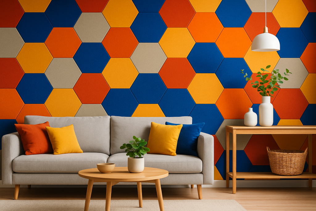 A modern living room with a gray sofa, colorful pillows, a wooden coffee table with plants, and a vibrant wall of fire-rated polyester panels in orange, yellow, blue, and beige. A pendant lamp hangs above a sideboard with decor.