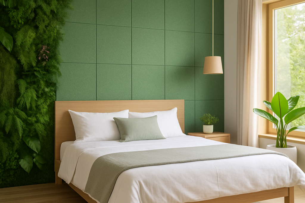 A modern bedroom with a green accent wall, wooden bed frame, white bedding, green throw, hanging pendant light, potted plants, Low VOC Acoustic Panels, and a window letting in natural light.