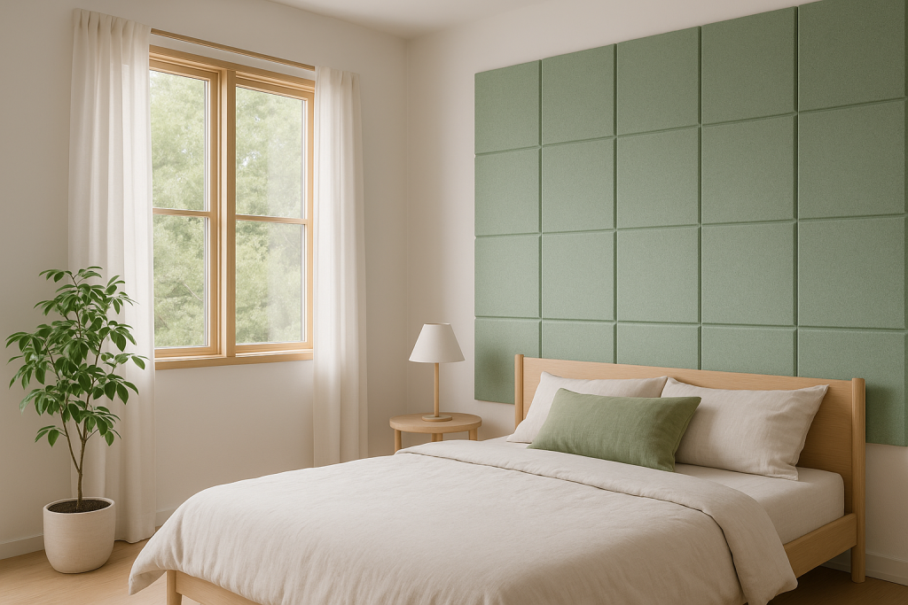 A minimalist bedroom with a wooden bed, white bedding, a green accent cushion, Low VOC Acoustic Panels as a padded green wall panel, a small round side table with a lamp, a potted plant, and sheer curtains letting in natural light.