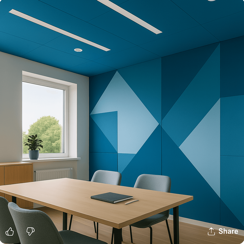A modern meeting room with geometric blue EPD Acoustic Panels for Bidding, a wooden table with four blue chairs, a closed notebook and pen on the table, a window showing a green tree, and a minimalist cabinet under the window.