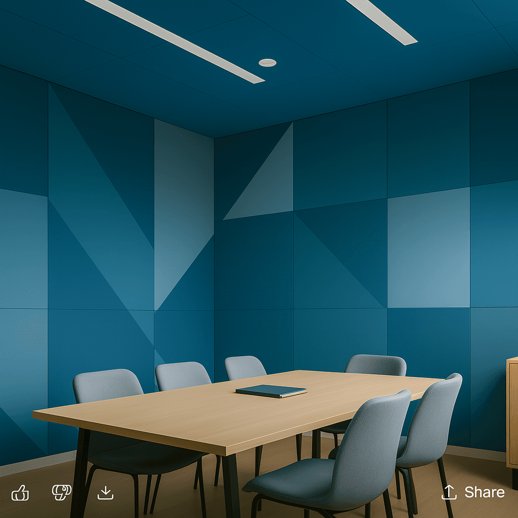 A modern conference room with geometric blue EPD Acoustic Panels for Bidding, a light wooden table, several gray chairs, and a closed laptop on the table. The space is well-lit with ceiling lights.