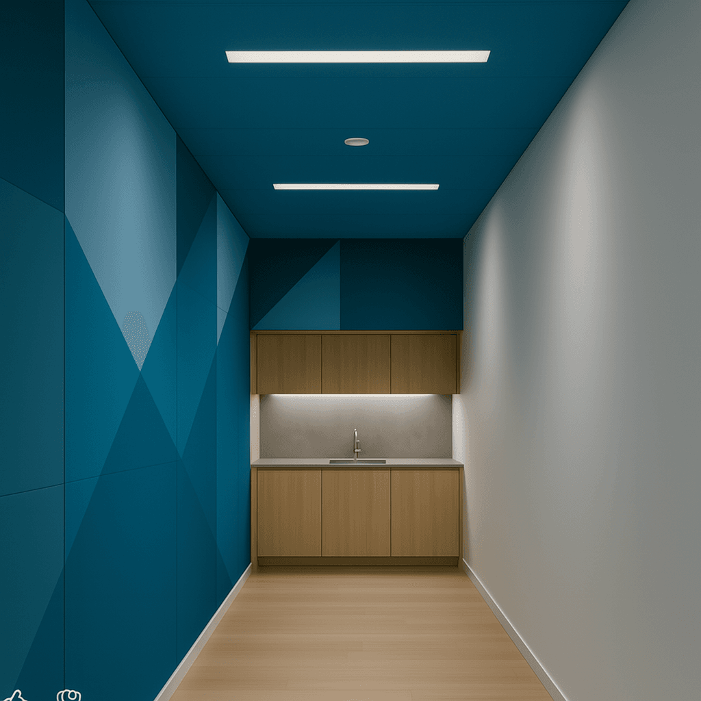 A small, modern kitchenette with a wood cabinet, sink, and minimalist shelves set against geometric blue and white walls featuring EPD Acoustic Panels for Bidding, atop a light wood floor and illuminated by ceiling lights.