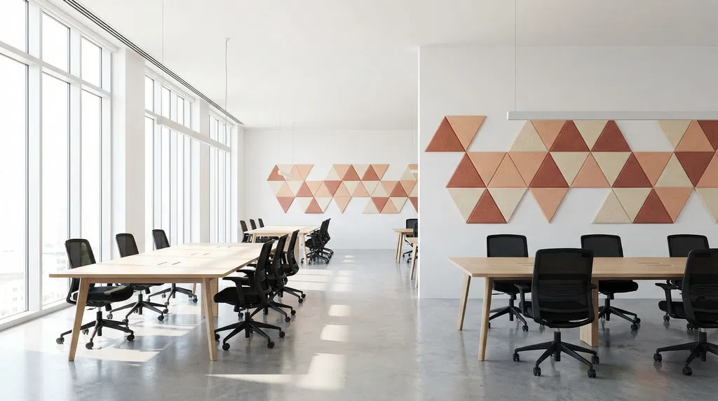 A modern, open-plan office with large windows, wooden desks, black chairs, and geometric wall art. Enhanced by BIM and AI Acoustic Compliance, the space is bright with natural light and designed for productivity.