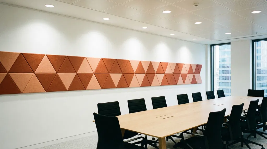 A modern conference room with a long wooden table, black chairs, large windows, and a wall decorated with geometric triangular panels in shades of brown ensures BIM and AI Acoustic Compliance for an optimal meeting experience.