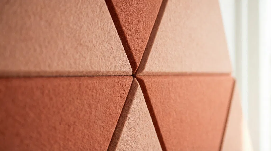 Close-up of a textured wall featuring a repeating pattern of reddish-brown triangular panels, designed with BIM and AI Acoustic Compliance in mind, with visible seams and soft lighting.