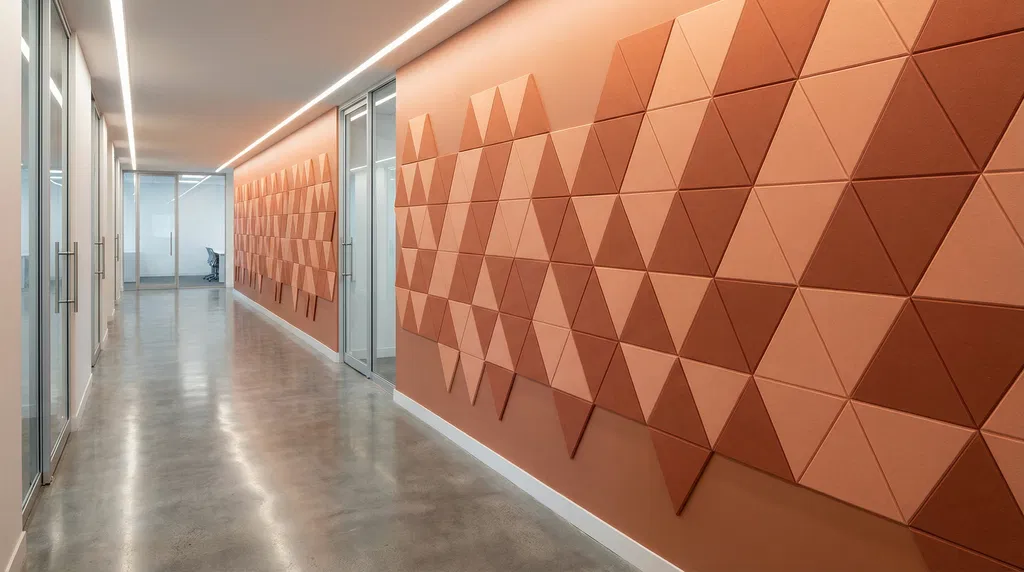 A hallway with polished concrete floors and glass office doors, featuring a geometric wall installation of orange and brown triangular panels, showcases BIM and AI Acoustic Compliance in modern design.
