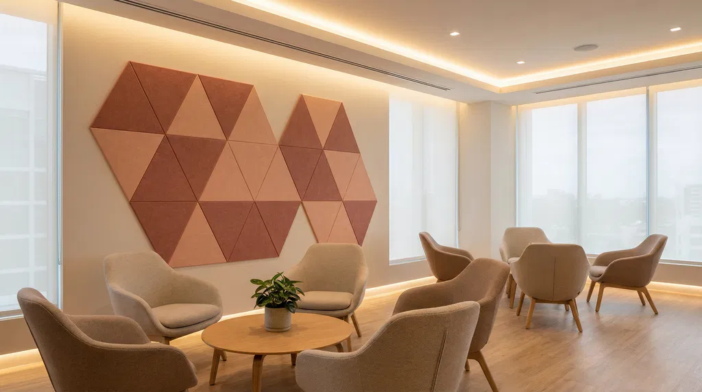 A modern lounge with beige armchairs, a round wooden table with a potted plant, large windows, and decorative hexagonal wall panels in shades of brown. The space features BIM and AI Acoustic Compliance for optimal sound quality, illuminated by ceiling lights.