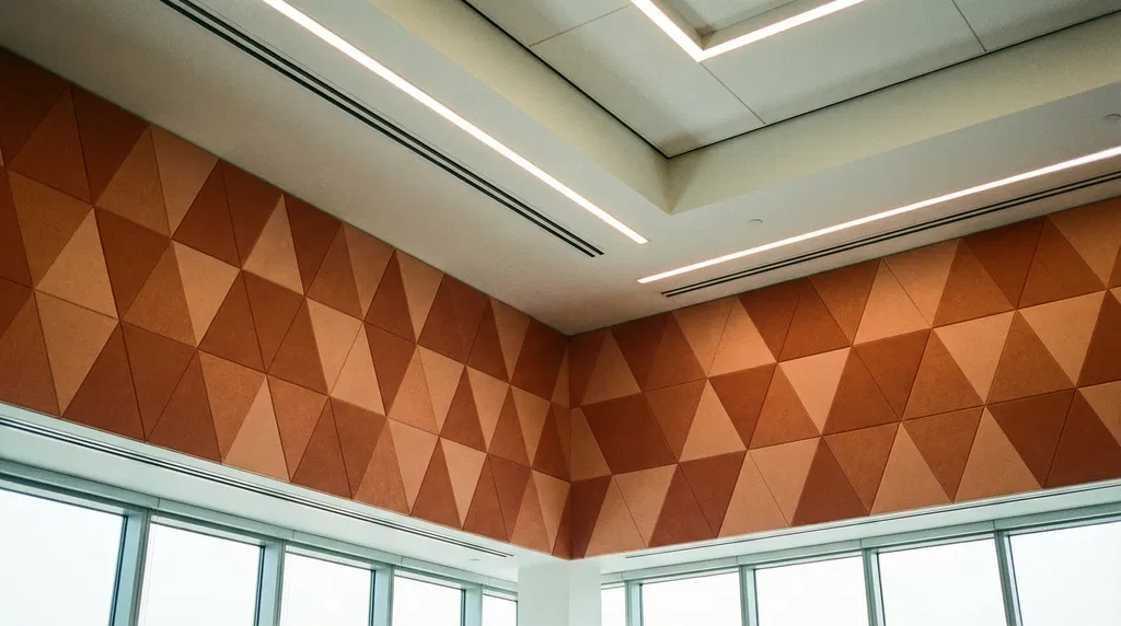 A modern interior ceiling with recessed lights and walls lined with orange and beige triangular acoustic panels, designed for BIM and AI Acoustic Compliance, above large windows letting in daylight.