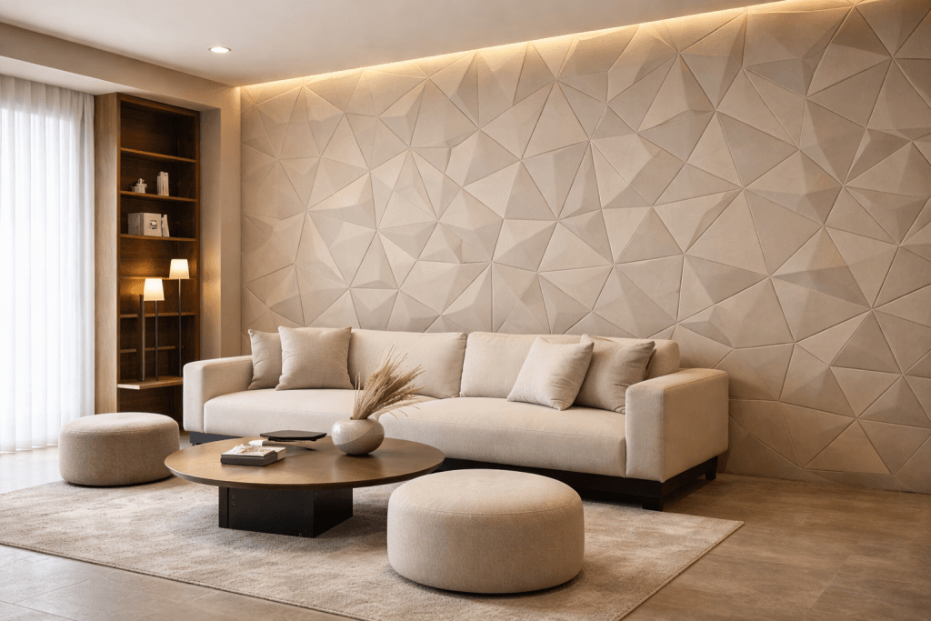 Modern living room with a beige geometric-patterned accent wall, a light sofa with cushions, round ottomans, a wooden coffee table, a shelving unit with decor, and soft natural light from large windows with sheer curtains.
