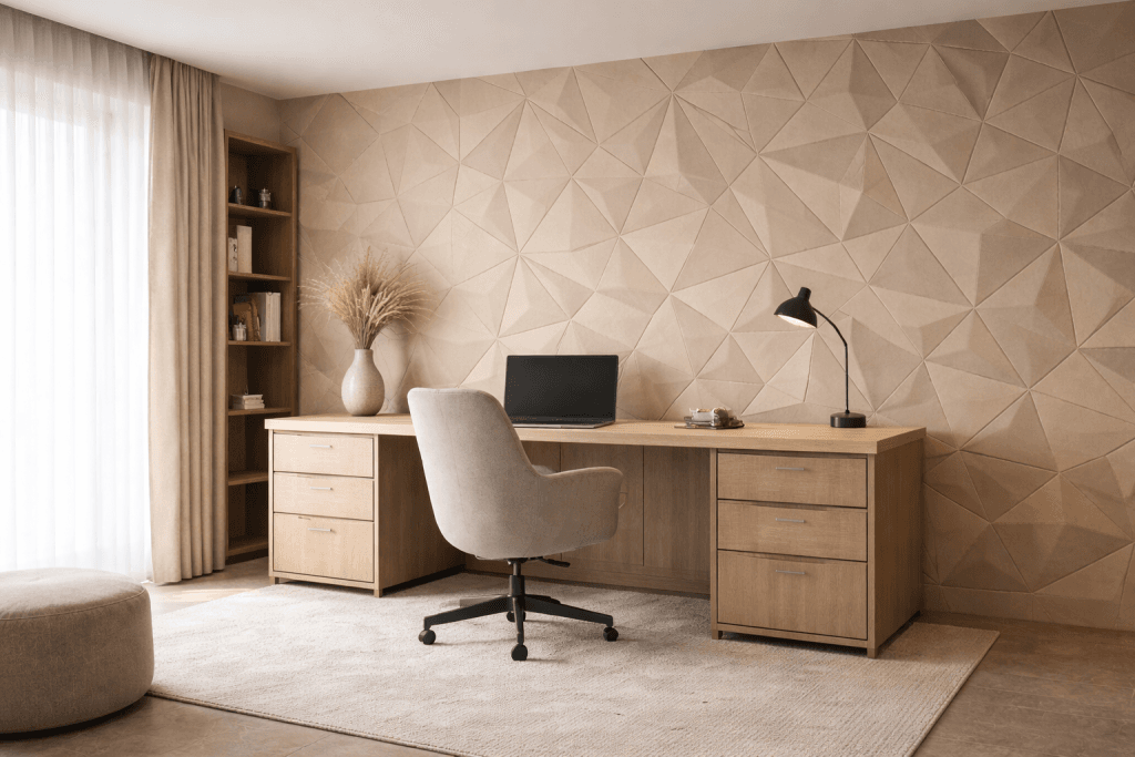 A modern home office with a wooden desk, swivel chair, and black lamp. A computer monitor sits on the desk. The background features a beige geometric accent wall and a tall bookshelf with decor items. Natural light fills the room.