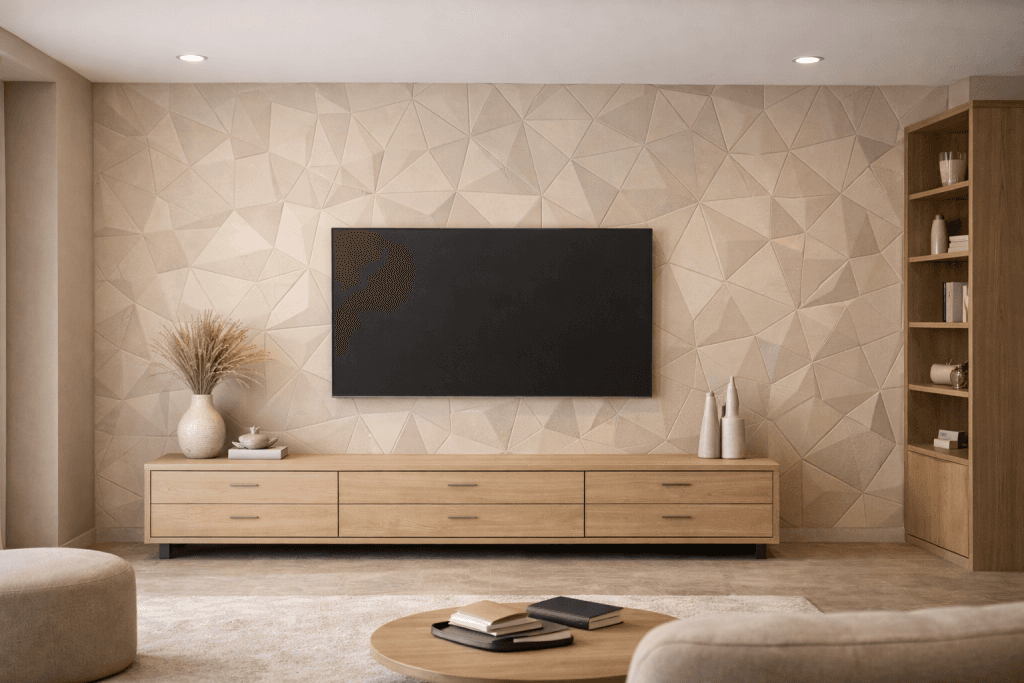 A modern living room with a geometric beige accent wall, large flat-screen TV, wooden media console with decor, round coffee table with books, built-in bookshelf, and neutral-toned furniture.