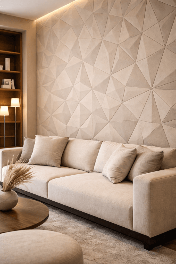 A modern living room with a beige sofa, neutral throw pillows, a round wooden coffee table with a decorative vase, and a geometric textured accent wall. Soft lighting and built-in shelves create a cozy atmosphere.