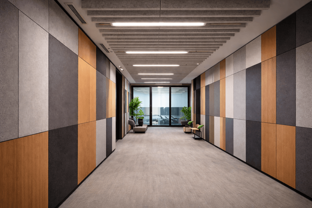 A modern hallway with geometric wood and gray wall panels, ceiling lights, and carpeted floor. At the end are large windows, green plants, and seating areas with armchairs.
