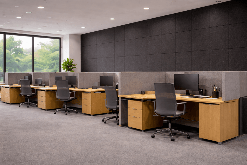 A modern office with several empty wooden desks and ergonomic chairs, each workstation equipped with a computer monitor. Large windows let in natural light, and a green plant sits in the corner.