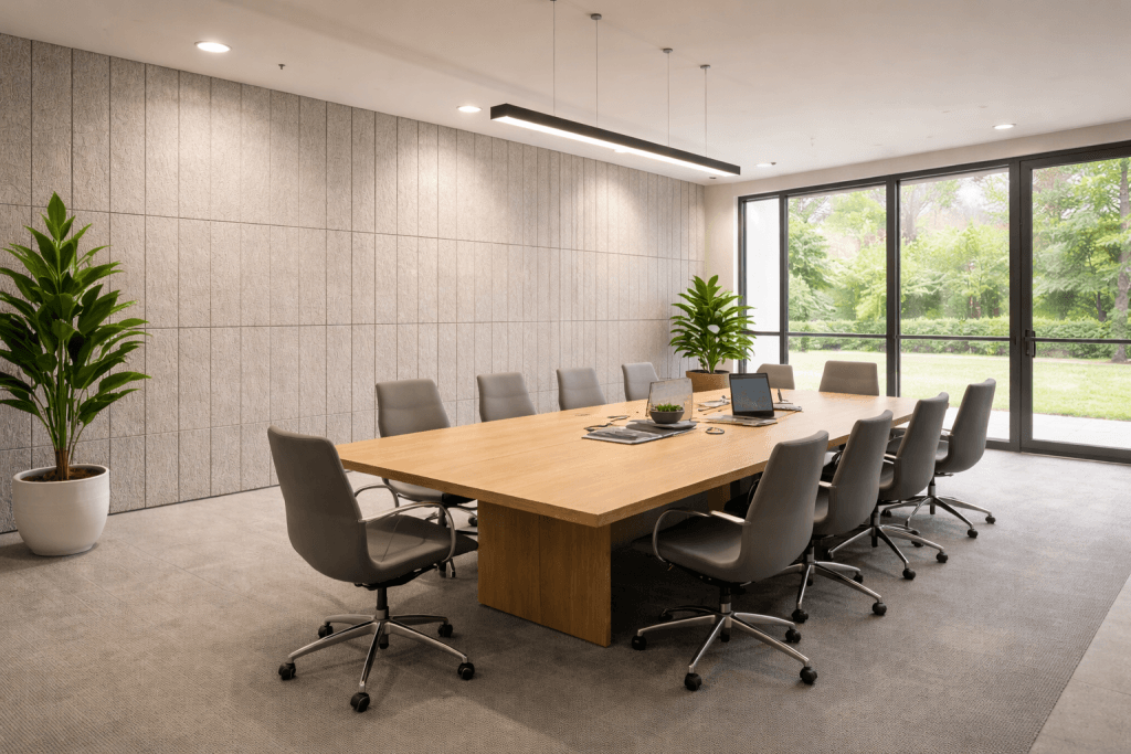 Modern conference room with a large wooden table surrounded by ten gray chairs, two green potted plants, a laptop, notepad, and books on the table, and floor-to-ceiling windows showing greenery outside.