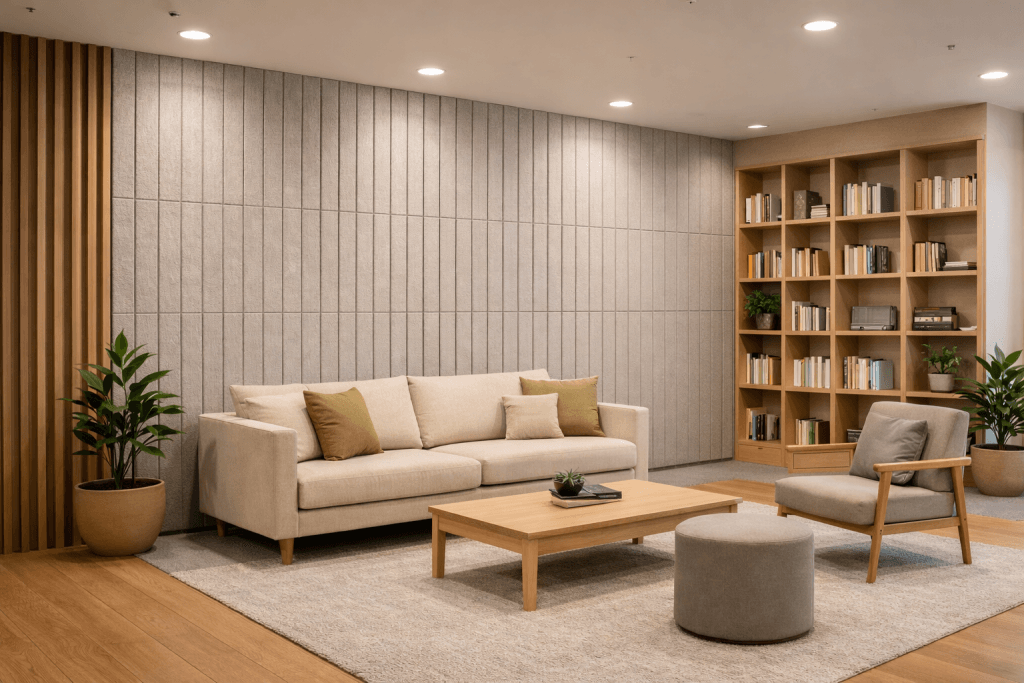 A modern living room with a beige sofa, green and beige pillows, a wooden coffee table, an armchair, a round ottoman, potted plants, a bookshelf filled with books, and soft lighting.
