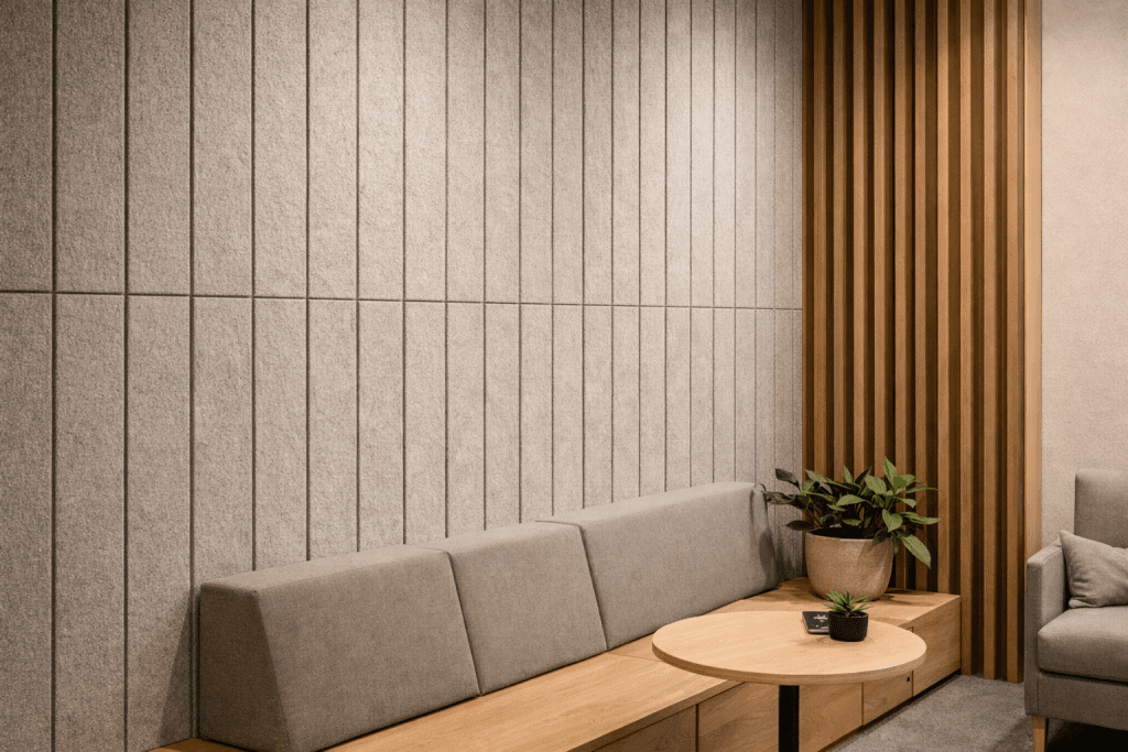 A modern waiting area with a light gray cushioned bench, a round wooden coffee table, a potted plant, and decorative vertical wood panels on the wall, creating a calm and minimalist atmosphere.