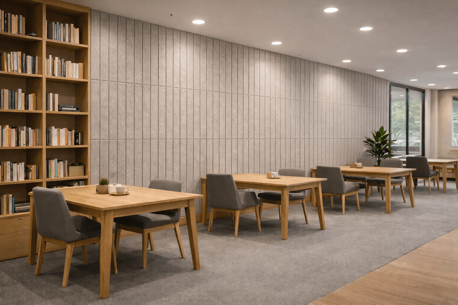 Modern study or reading area with wooden tables and gray chairs, a large bookshelf filled with books, potted plants, and floor-to-ceiling windows letting in natural light. The atmosphere is calm and inviting.