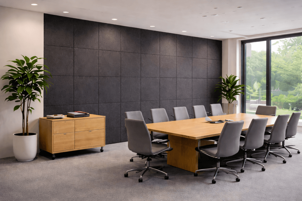 A modern conference room with a wooden table, eight gray office chairs, a wooden side cabinet, two potted plants, and a large window overlooking greenery. The room features a dark accent wall and recessed ceiling lights.