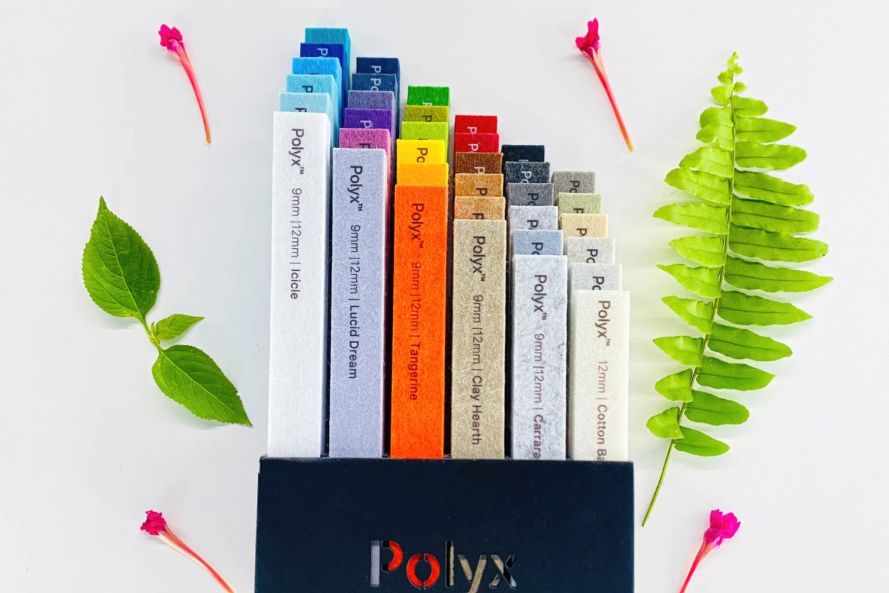 A black Polyx box holds colorful art pastel sticks standing upright, surrounded by small pink flowers, a fern leaf, and two green leaves on a white background—perfect decor for acoustically balanced retail spaces.